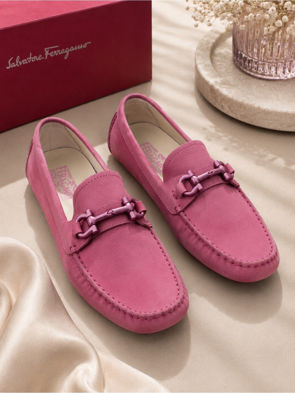 Salvatore Ferragamo Pink Suede Gancini Driving Shoes Loafers 7.5